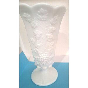 Vintage Westmoreland 9" Milk Glass Grapes Paneled Vase Pedestal Ruffle Rim